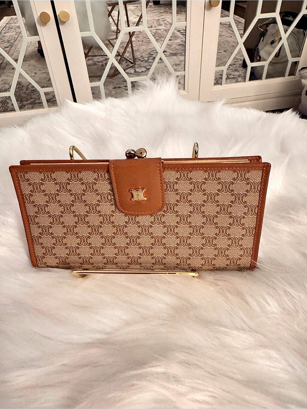 Celine Vintage Macadam Monogram Kisslock Long Wallet Brown